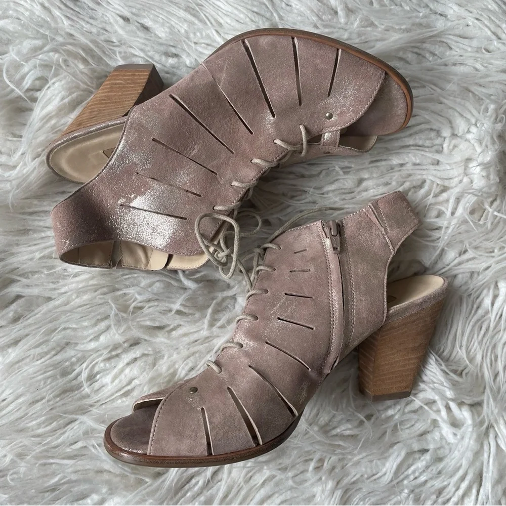 Paul Green Metallic Cayenne Blush Leather Cosmo Lace Up Open Toe Heeled Bootie 9